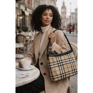 Burberry Vintage Nova Check Shoulder Bag Beige Plaid PVC Leather Trim Italy